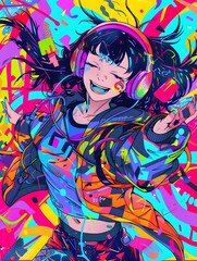 Fototapeta premium Illustration of a person dancing energetically with headphones on, set against a colorful abstract background. The dynamic pose and flowing hair convey movement and joy
