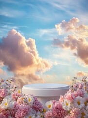 Floral Sky Podium: A pristine white platform stands amidst a bed of pink and white flowers, set against a breathtaking sunset sky. Perfect for showcasing beauty or wellness products. 