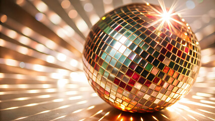 Obraz premium Close-Up of Holographic Disco Ball Emitting Glowing Light Beams on White Background - Mesmerizing Reflections and Effects for Photo Stock Concept