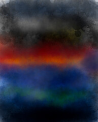 Abstract landscape with burning red and yellow sunset at the ocean. Watercolor illustration.