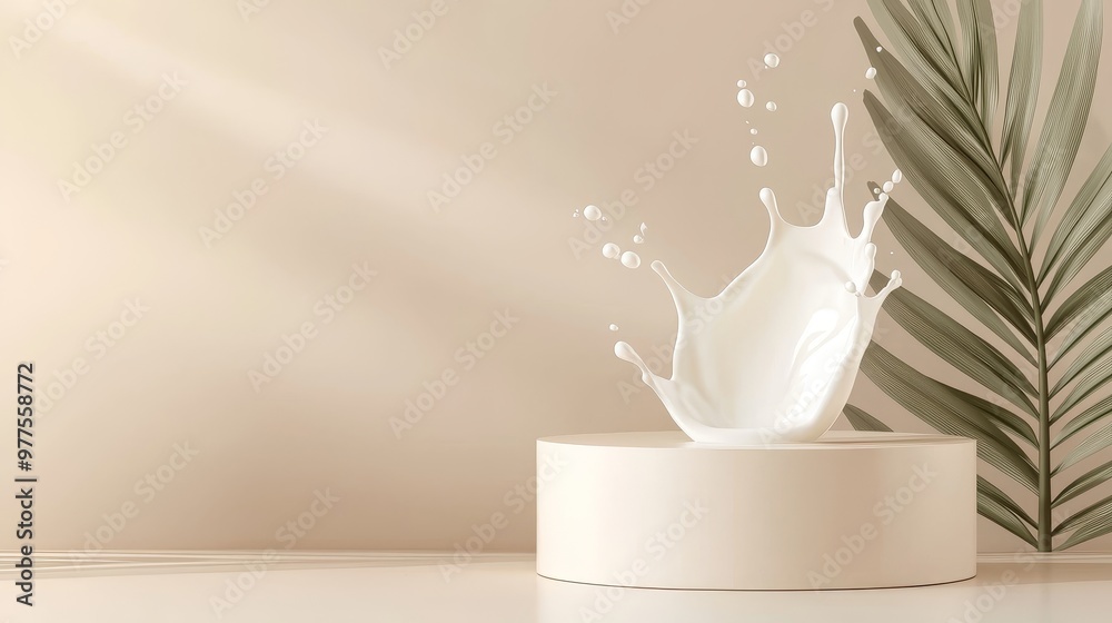 Poster mockup of a cream product podium with dynamic liquid milk splashes on a light gold background, paire