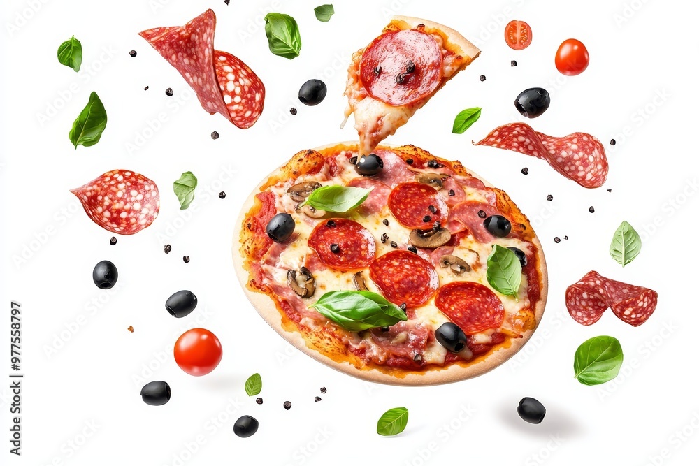 Poster in the background is an isolated background with a wooden pizza menu with falling ingredients tomato