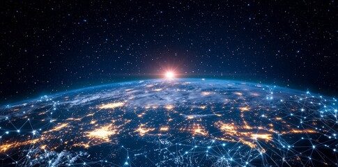 Glowing connections between cities on a world map