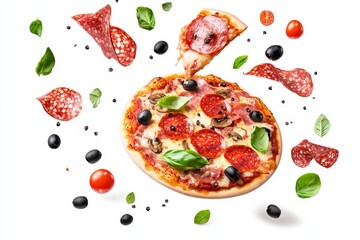 In the background is an isolated background with a wooden pizza menu with falling ingredients tomato, peppers, and parsley.