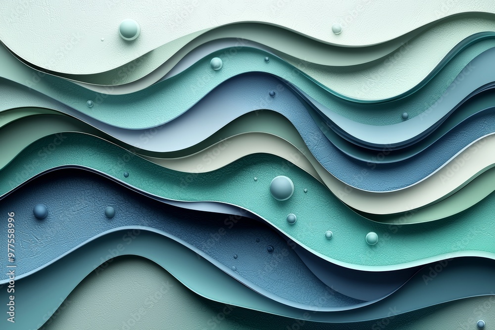 Poster Dimensional blue and green arc layers abstract background. Overlapping lines and circles geometric background. Gradient colors and shadows.
