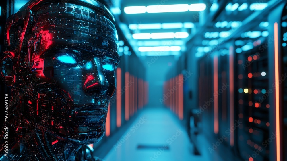 Poster A futuristic AI coding agent concept which incorporates digital code, stocks, and tech innovation.