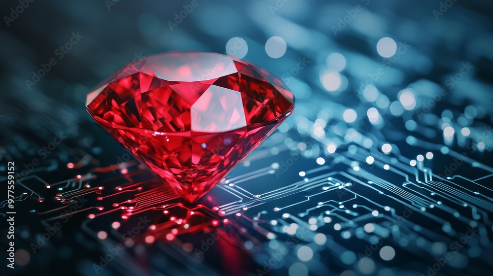 Wall mural symbolizing ruby on rails, a ruby stone is placed on a rail track