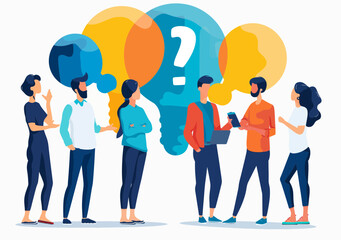 Fototapeta premium Collaborative Team Discussion for New Project Proposal with Consensus Concept, Vector Illustration Depicting Six Professionals Brainstorming Creative Ideas for Strategic Planning and Innovation