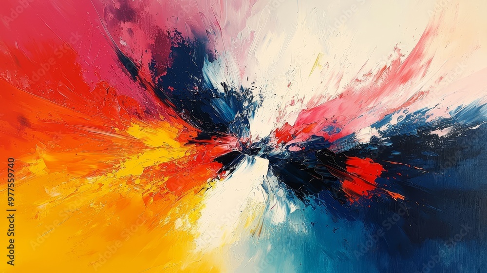 Poster vibrant colors and dynamic brush strokes convey an energy and motion in this abstract painting