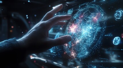 Obraz premium Futuristic Hand with Holographic Space Map: A hand interacting with a holographic map of the universe, with stars and constellations displayed. 