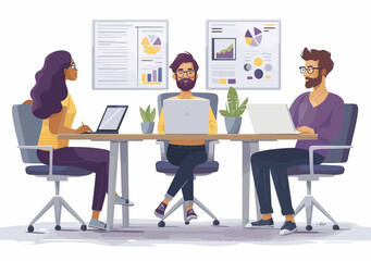 Business Team Discussing Strategy in Modern Office Setting with Laptops and Charts During Daytime - Minimalistic Vector Illustration