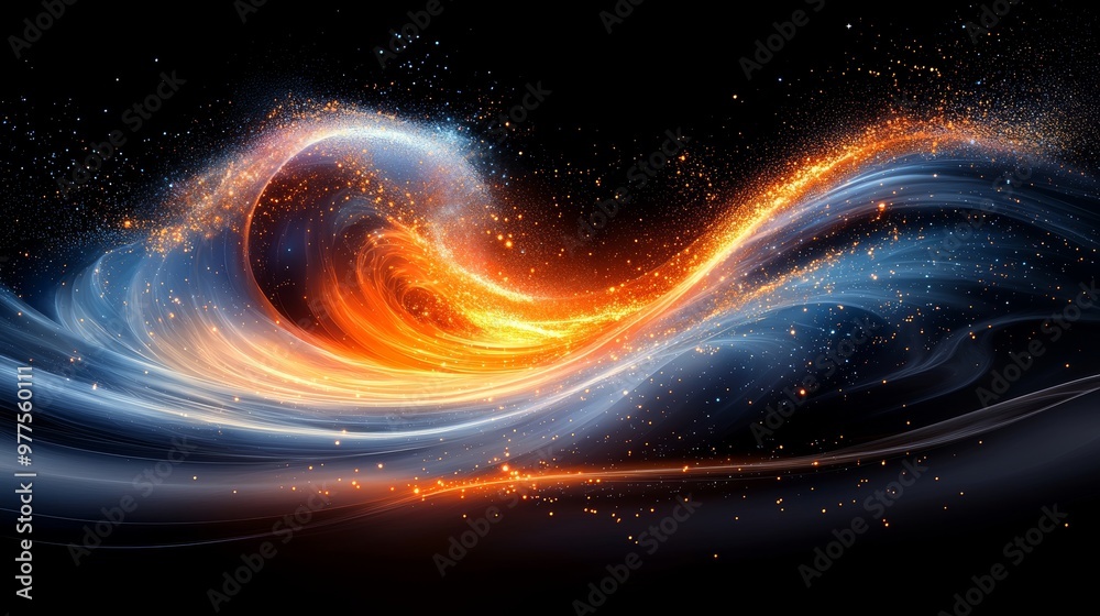 Poster waveforms in blue and red, with a dark background, creating an ethereal and dynamic visual.