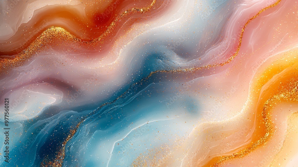 Poster the abstract fluid art painting is a visually dynamic composition with vibrant swirling patterns in 