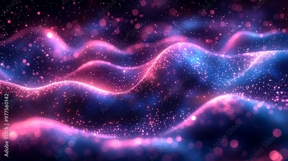 Aufkleber A futuristic and dynamic visual representation of an abstract digital wave with colorful light effects and particle overlays.