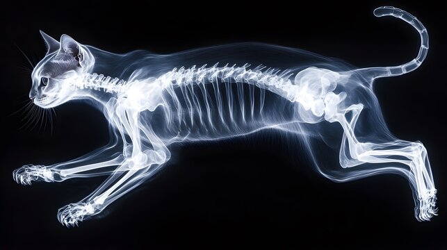 X-ray of a Cat in Mid-Leap: A detailed X-ray image of a cat mid-leap, showing the skeletal structure in motion against a dark background.
