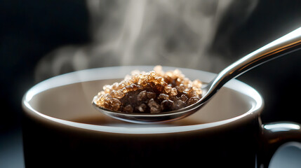spoonful of freeze-dried coffee crystals being stirred into a steaming mug of hot water