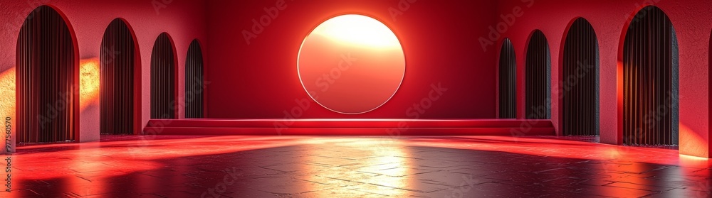 Aufkleber Modern abstract geometric tunnel with red and black triangular shapes and glowing lights.