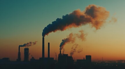 Industrial Sunset with Smoke Stacks and Pollution