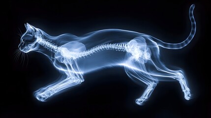 X-ray of a Cat in Mid-Leap: A detailed X-ray image of a cat mid-leap, showing the skeletal structure in motion against a dark background.
