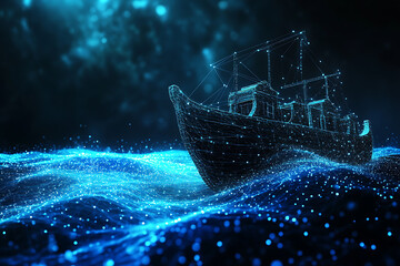 Abstract digital background of Noah's Ark from the biblical story, interwoven with data connections in blue and black tones.
