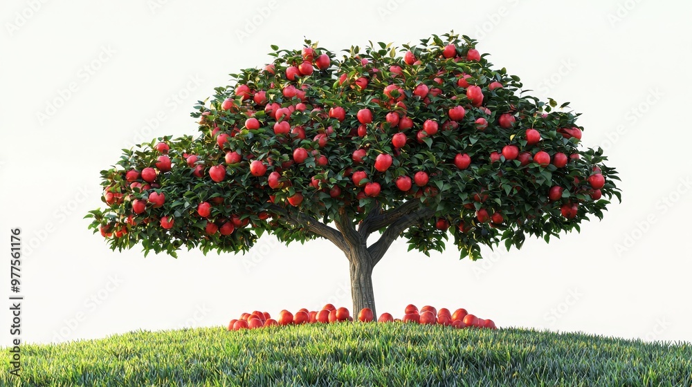 Poster a branch of an apple tree with ripe red apple fruits hanging from it and green leaves