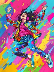 Illustration of a person dancing energetically with headphones on, set against a colorful abstract background. The dynamic pose and flowing hair convey movement and joy.