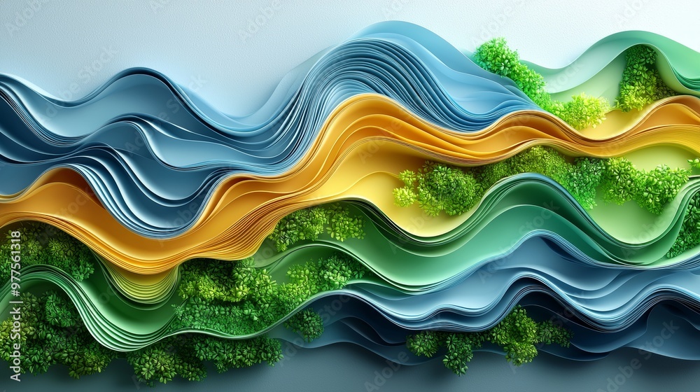Poster translucent waves of abstract color create a fluid and dynamic visual rhythm.