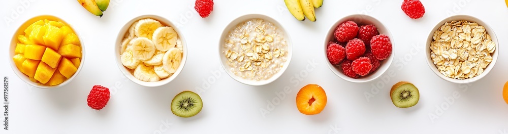 Poster an isolated flat lay of various smoothie fruits isolated on a white background.
