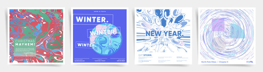 Set of abstract, marbled winter square posters for New Year and Christmas celebrations. Fluid shapes and bold designs for modern holiday branding.