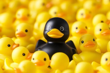 Among yellow, black bath duck stands out with its unique special leader identity, demonstrating crowd leadership
