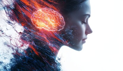 Profile shot of an AI Mate wearing glasses, her head adorned with binary code patterns and digital brain imagery