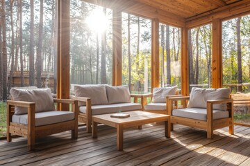 The summer forest scenery can be seen from the contemporary screened porch with outdoor seating.