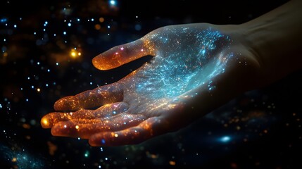 Futuristic Hand with Holographic Space Map: A hand interacting with a holographic map of the universe, with stars and constellations displayed. 

