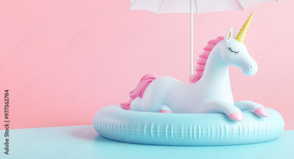 Poster 3d render of podium display with unicorn inflatable, beach ball, umbrella and umbrella with pastel b