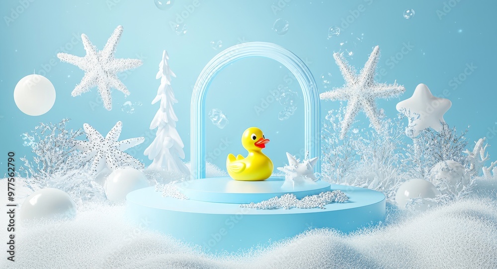 Leinwandbilder a white pedestal display with a circle on a summer sand beach, an inflatable duck and cute summer de