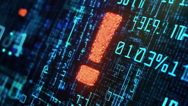 A vibrant red exclamation mark stands out amid a complex digital landscape filled with blue binary code symbols, emphasizing alertness