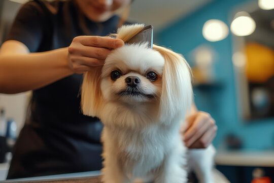 Groomer giving a shisu dog a haircut
