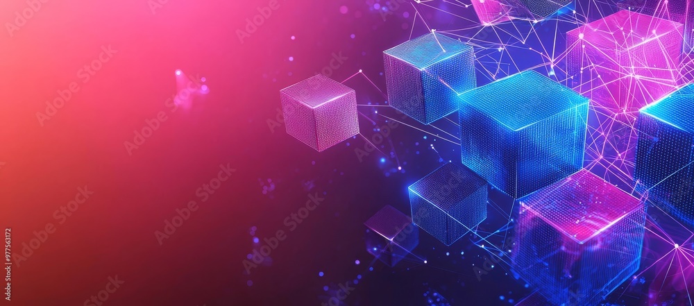 Poster Concept of futuristic digital cubes connecting networks in the metaverse.