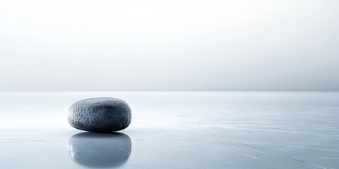 Smooth stone resting on a frozen lake surface, reflecting the calmness and purity of winter's cold embrace