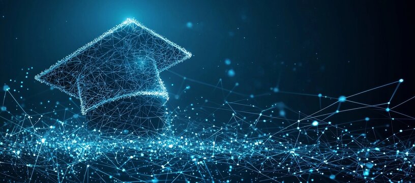 Low polygonal illustration of a glowing graduation cap on a dark background