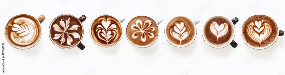 Poster a collection of latte or cappuccino coffee in white cup with different foam of latte art isolated on