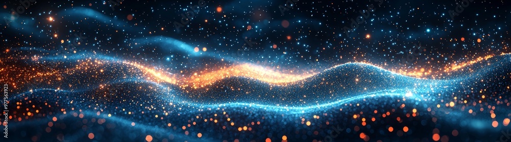 Poster This abstract digital wave concept features vivid colors and dynamic shapes with glowing particles.