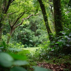 Lush green forest nature background with depth of field for a serene and tranquil atmosphere
