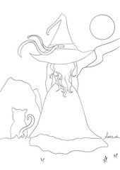 illustration de sorcière de dos qui regarde les montagne avec sont chat, dessin ligne 