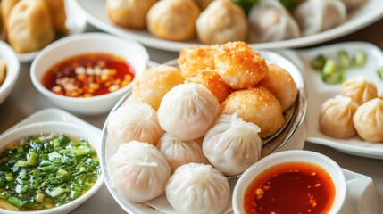 A top view of a plate with assorted dim sum, including dumplings and buns, served with dipping sauces.