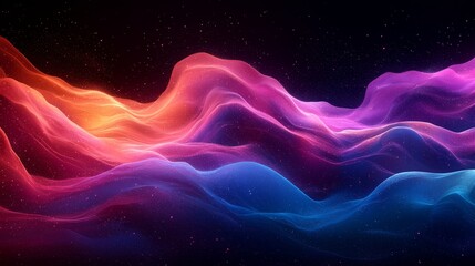 An abstract design with waves of red, orange, and blue on a black background