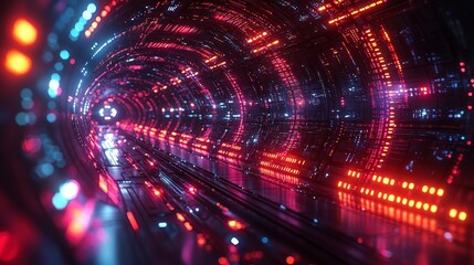 In this dynamic abstract tunnel background, algorithms are used to showcase transformation, weaving with reality and network systems to display complex patterns and bright hues.