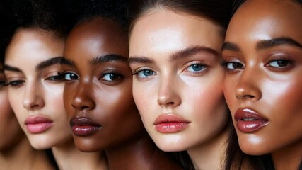 Diverse women models highlighting natural makeup and radiant skin, group beauty portrait