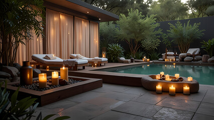 Fototapeta premium Peaceful beauty spa retreat nestled in nature, with soft pastel colors, flowing water, and lush greenery surrounding a minimalist outdoor spa area