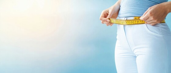 Hands measuring a patient s waist with a measuring tape, BMI check, weight management